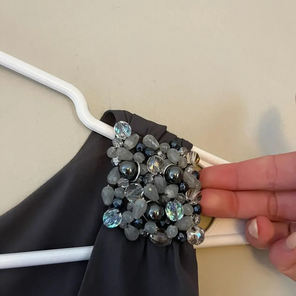 Cynthia Steffe Women Dark Gray Silk Shift Dress 10 Pleated Sleeveless Rhinestone - Picture 6 of 9